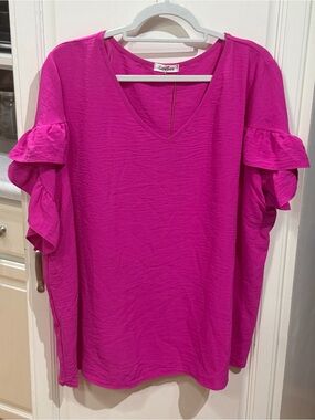 Women's Fuchsia Ruffle Sleeve V-Neck Blouse